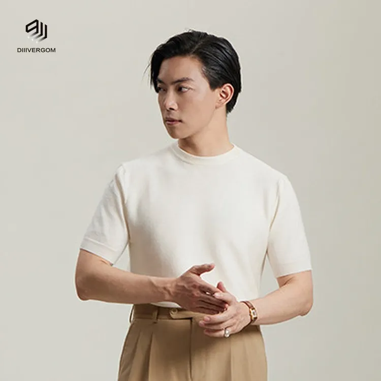 DIIIVERGOM平圆方中针织短袖恤修身白色夏季薄款男士休闲
