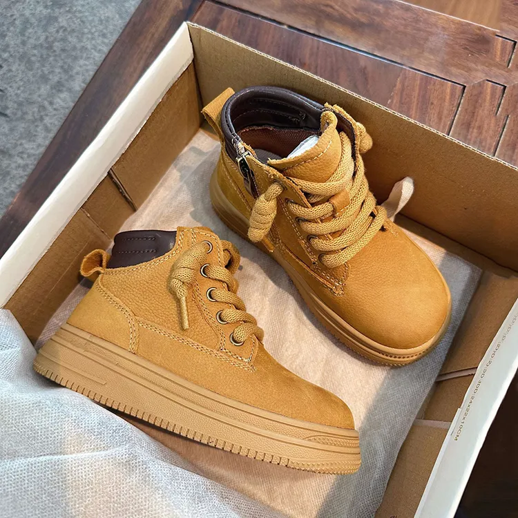 男童马丁靴新款秋冬大童棉鞋女童鞋子小黄靴真皮短靴儿童加绒靴子