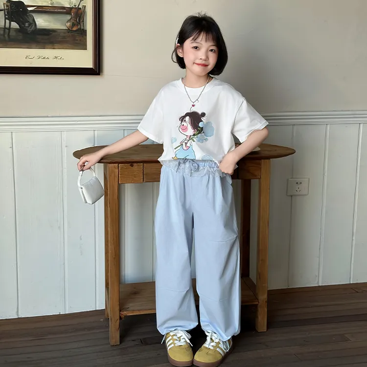 女童夏季短袖套装2025新款女大童洋气时髦夏装T恤休闲裤两件套潮