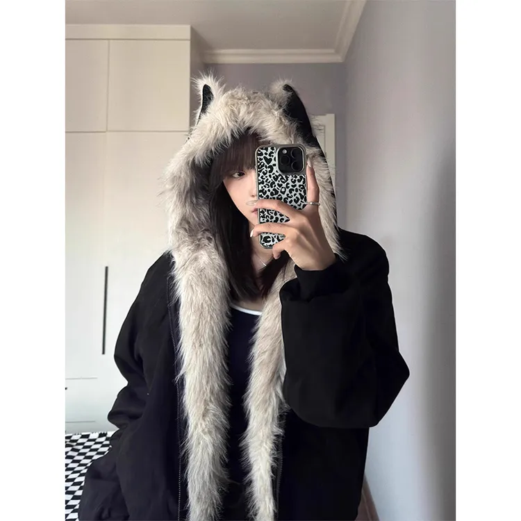 黑色猫耳朵毛领座山雕棉衣外套男款冬季cleanfit工装棉服短款棉袄