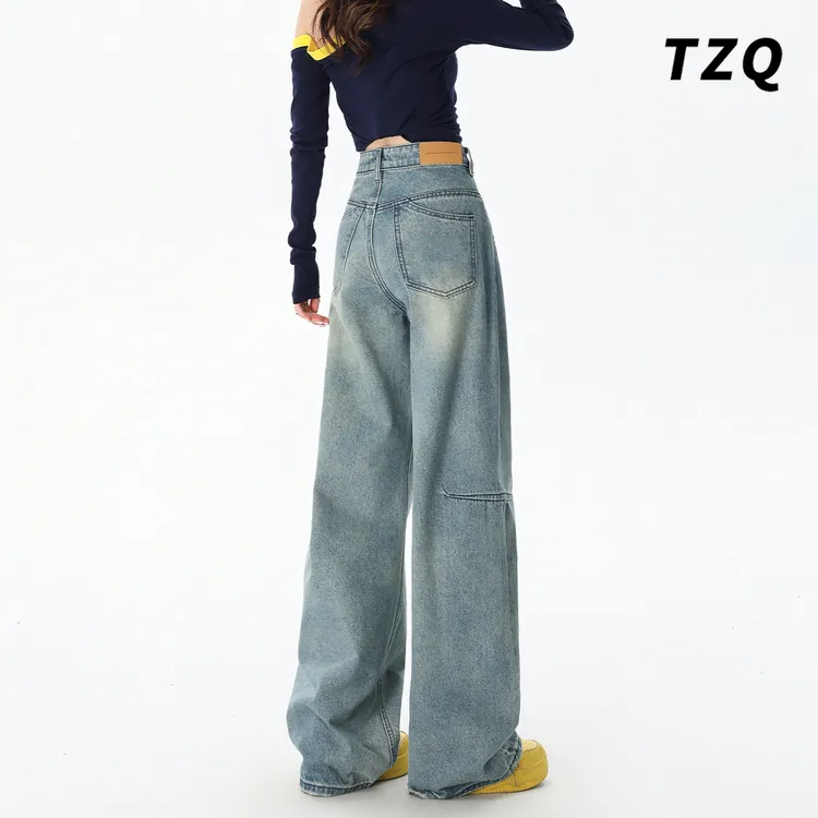美式潮版复古阔腿牛仔裤女2025秋季新款宽松弯刀拖地裤TZQ2591509