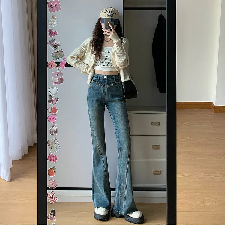 秋季港风复古蓝辣妹显瘦牛仔裤高弹马蹄微喇牛仔裤高腰拖地设计感