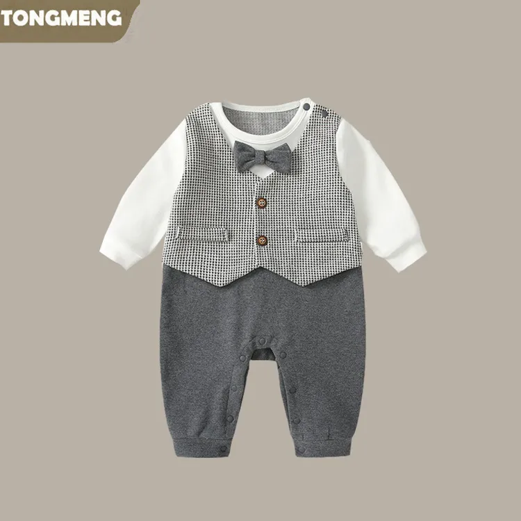 婴儿衣服春秋装帅气小月龄百日哈衣爬服男宝宝绅士连体衣周岁礼服