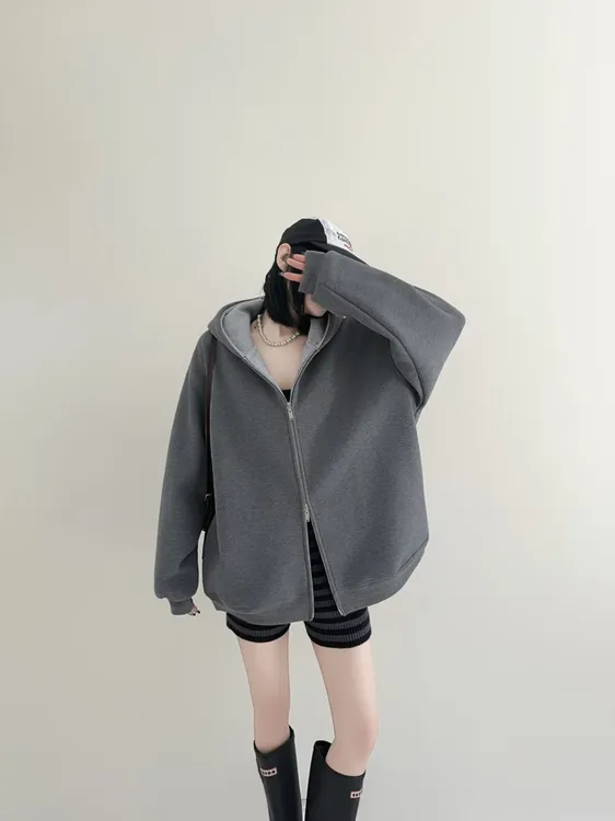 重磅1200克双拼色高级百搭运动情侣长袖加绒卫衣拉链外套男女同款