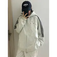 美式潮流字母印花开衫连帽卫衣男女秋冬季三条杠宽松百搭拉链外套