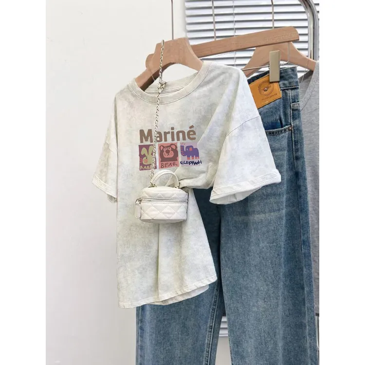 欧货2025年新款女洋气夏季短袖显瘦遮肉别致绝美水洗复古上衣T恤