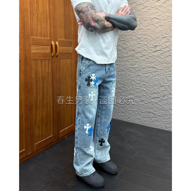2025秋冬新款时尚休闲百搭重工贴皮直筒宽松男士牛仔裤6152