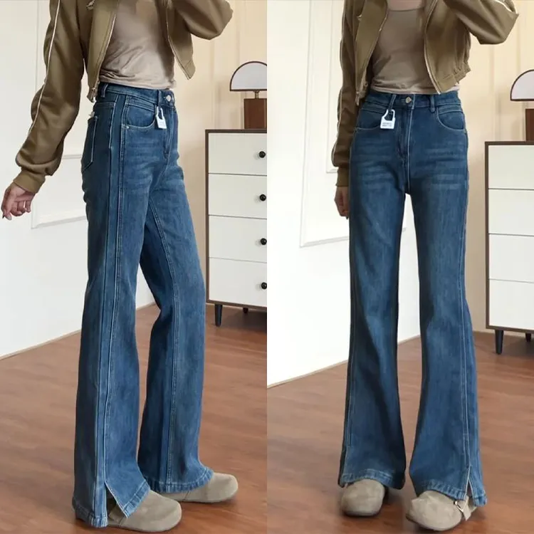 牛仔喇叭裤女弹力大码胖mm修身显瘦牛仔裤开叉不贴腿微喇裤子