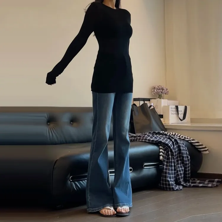 180高个子175加长复古加绒微喇牛仔裤女高腰弹力显瘦马蹄喇叭裤子