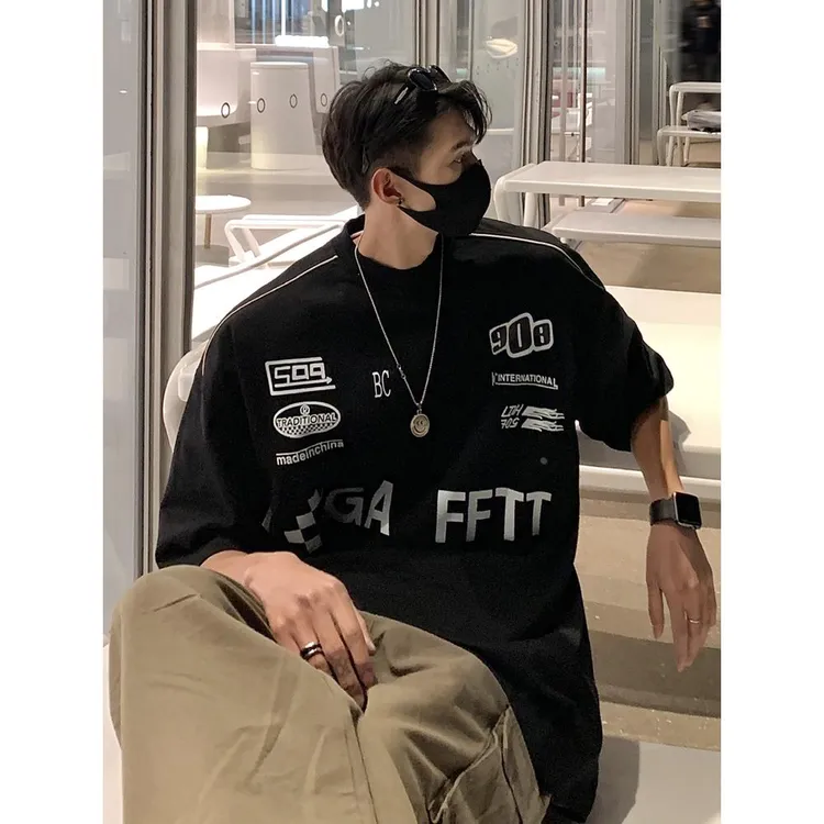 美式高街机车服短袖t恤男夏季vibe潮牌重磅纯棉宽松大码半袖体恤