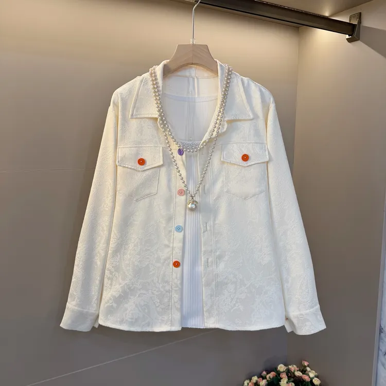 胖妹妹早春简约提花设计彩虹扣子装饰减龄百搭时髦宽松洋气小外衣