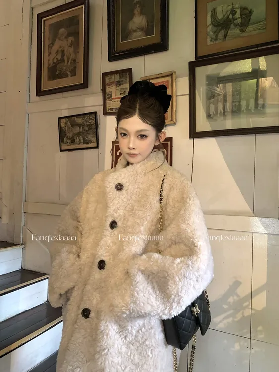 慵懒雪松 廓形环保皮毛一体女中长款毛毛外套