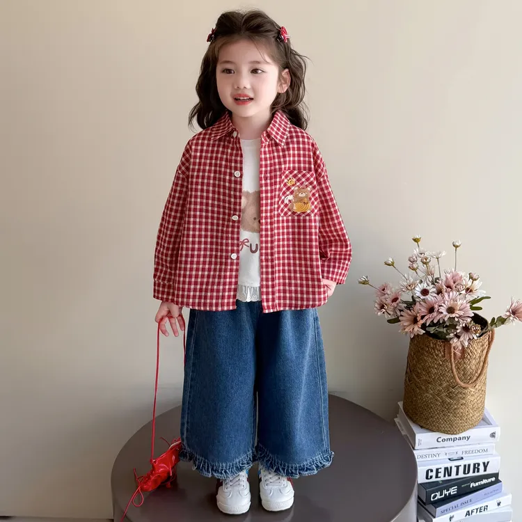 春秋季新款韩版女童中小童时髦网红春秋装女小孩可爱卡通格子衬衫