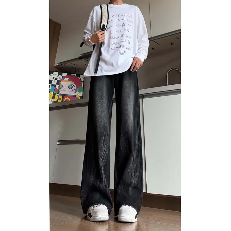 水洗扎染阔腿牛仔裤男秋季美式高街渐变直筒裤子复古显腿长微喇裤