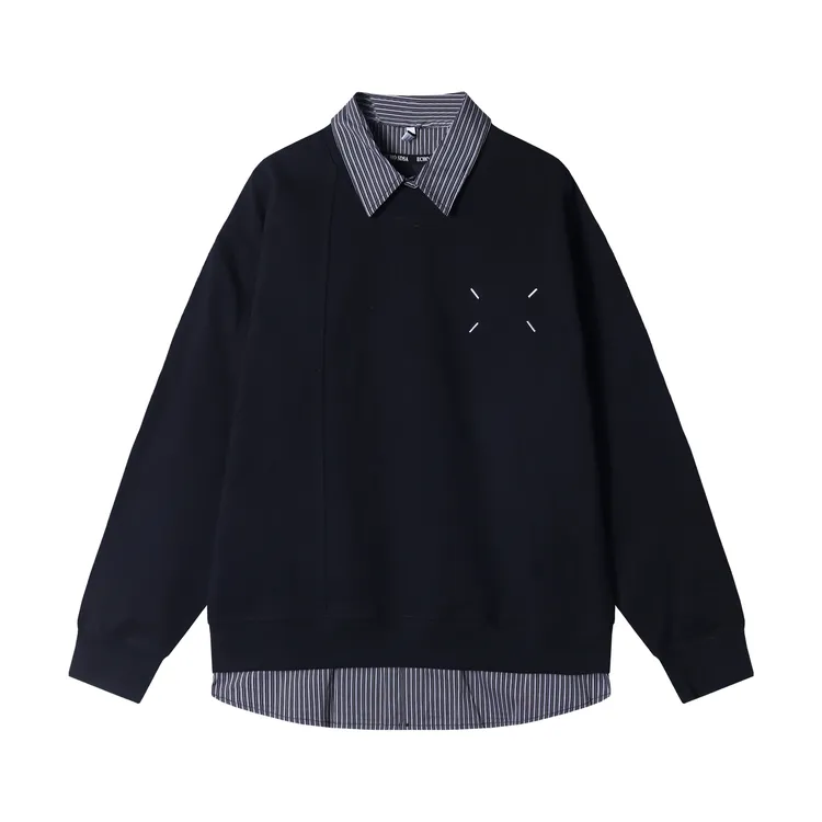 WY728新款男士假两件翻领纯色创意刺绣设计日系风格宽松百搭上衣