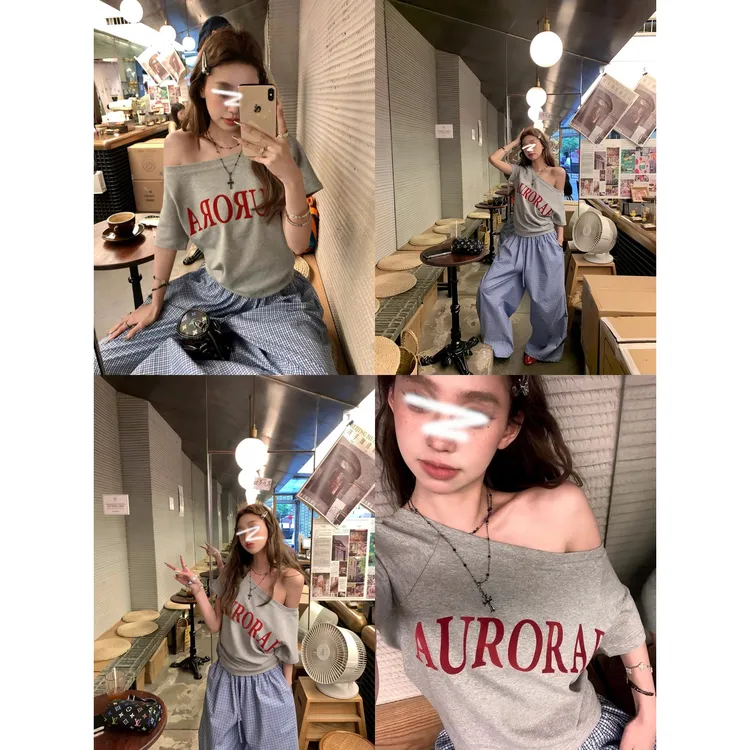 美式复古辣妹露肩灰撞红色字母印花斜肩短袖T恤女宽松设计感上衣