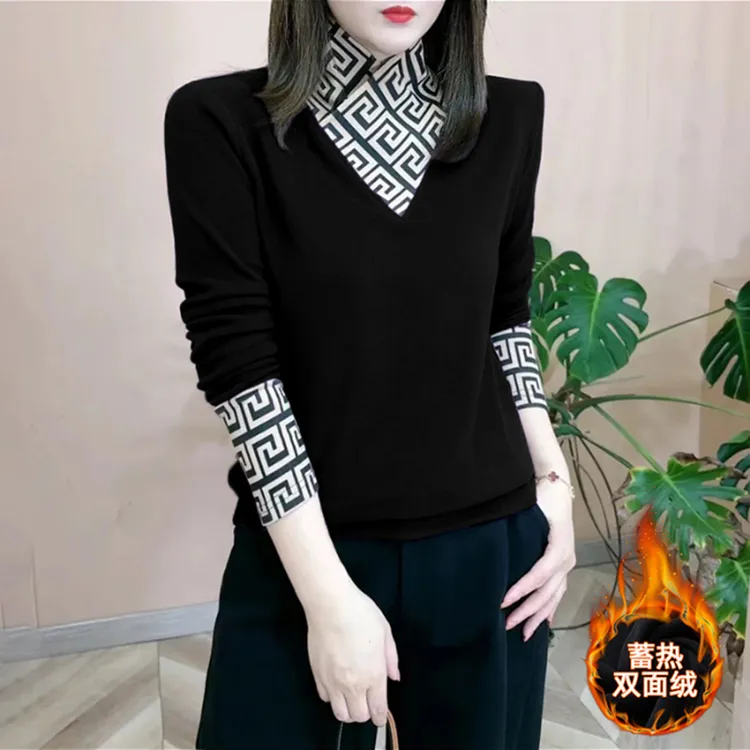 女士秋冬半高领德绒打底衫2025新款时尚洋气时髦遮肚子假两件上衣