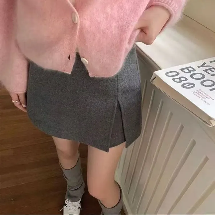 双层开叉毛呢半身裙女春季新款气质百搭防走光A字短裙辣妹包臀裙