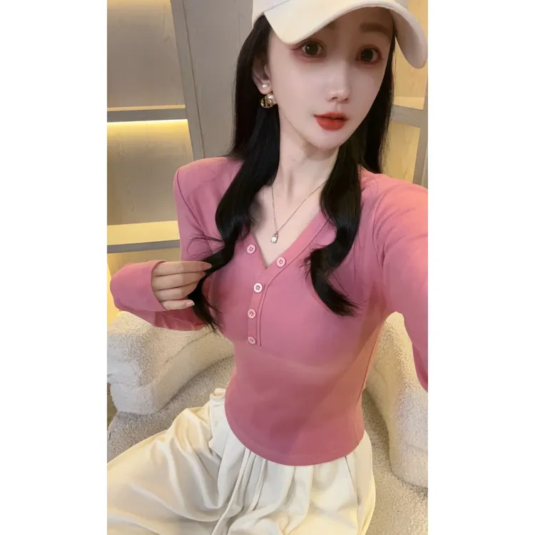 【双面德绒加厚娜哥088】v领扣子打底衫女长袖显瘦长袖修身内搭秋冬