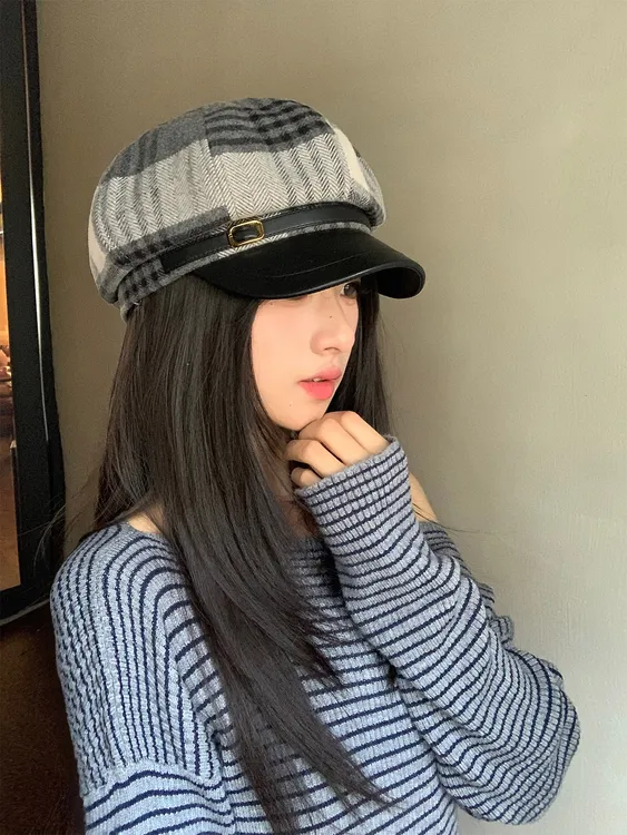 复古格纹拼接贝雷帽女秋冬2025新款气质英伦风报童帽显脸小八角帽