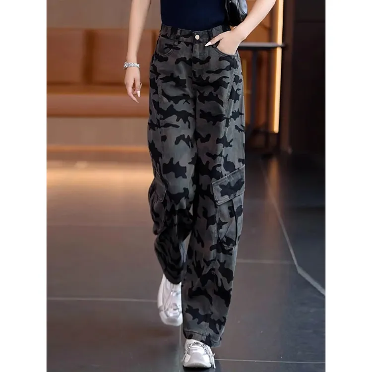 美式工装牛仔裤女秋季2025新款高腰垂感宽松直筒显瘦迷彩阔腿裤子