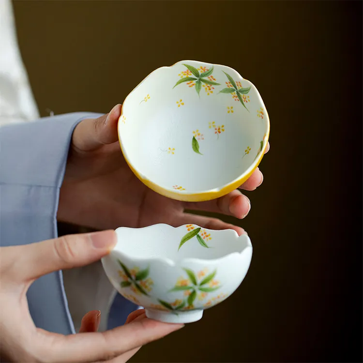 手绘桂花单杯主人杯品茗杯功夫茶具套装伴手礼陶瓷高颜值女士茶器