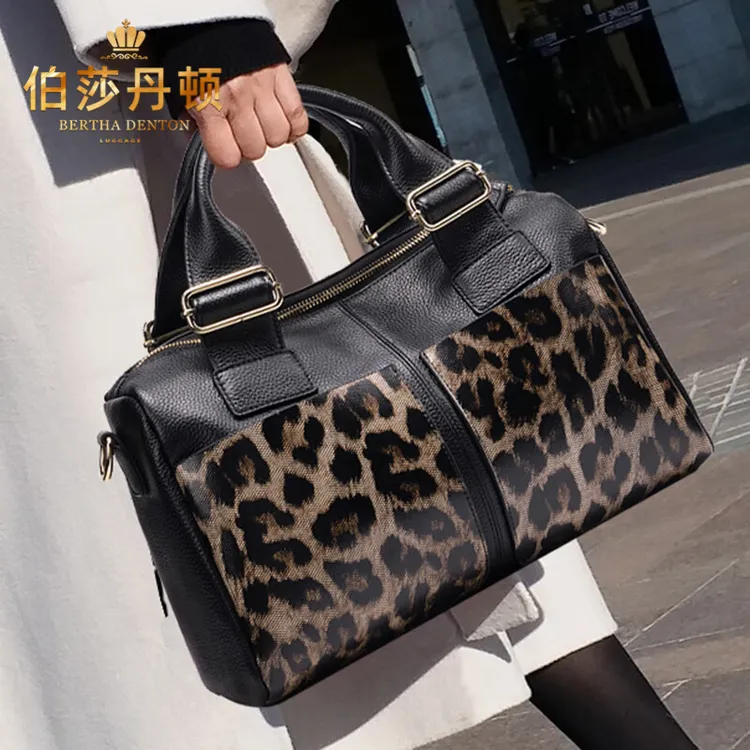 伯莎丹顿真皮豹纹手提包女百搭新款大容量波士顿包时尚单肩斜挎包