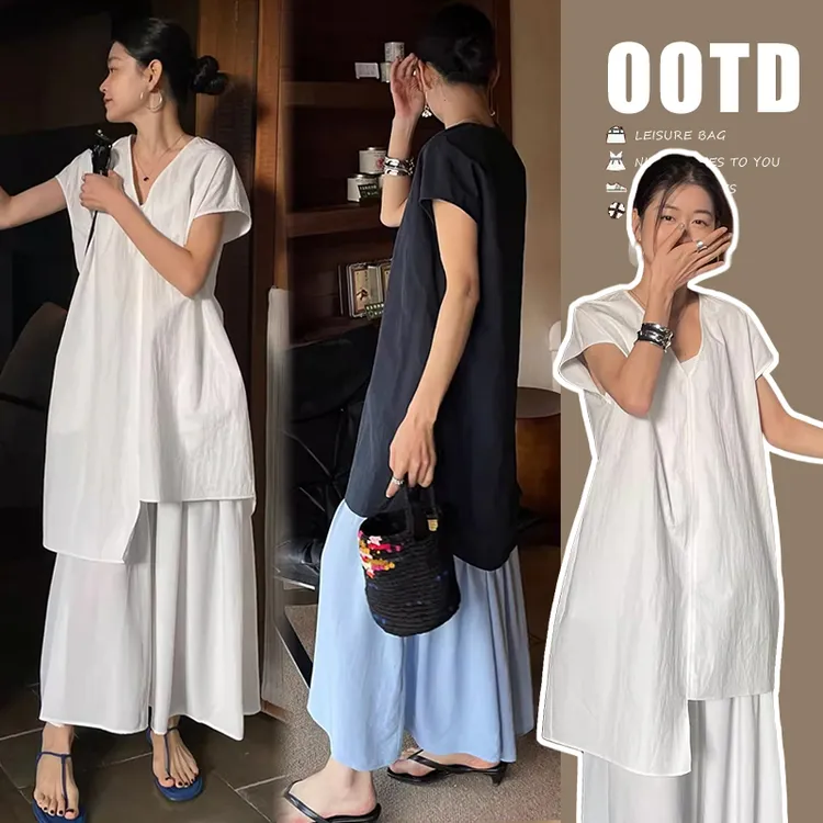 孕妇装2025夏装爆款时尚宽松飞袖小衫显瘦吊带长裙叠穿孕妇两件套