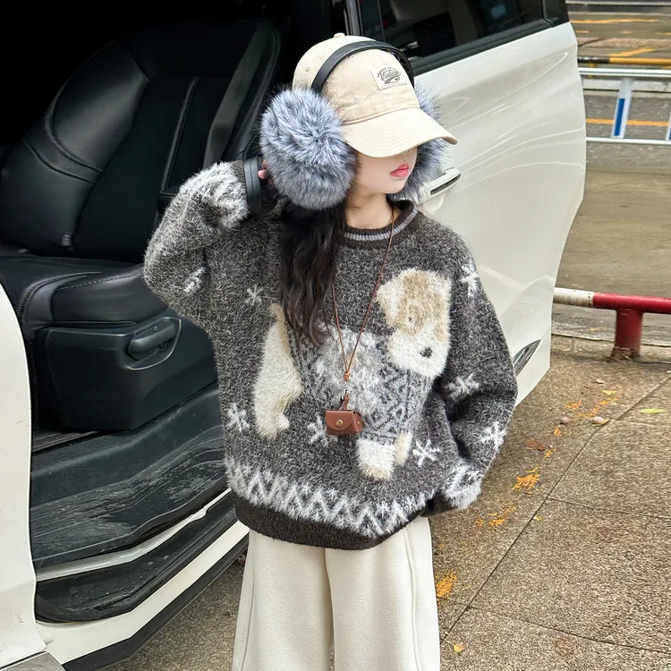 女童毛衣冬季加厚2025新款儿童冬装洋气百搭女大童一体绒针织衫潮