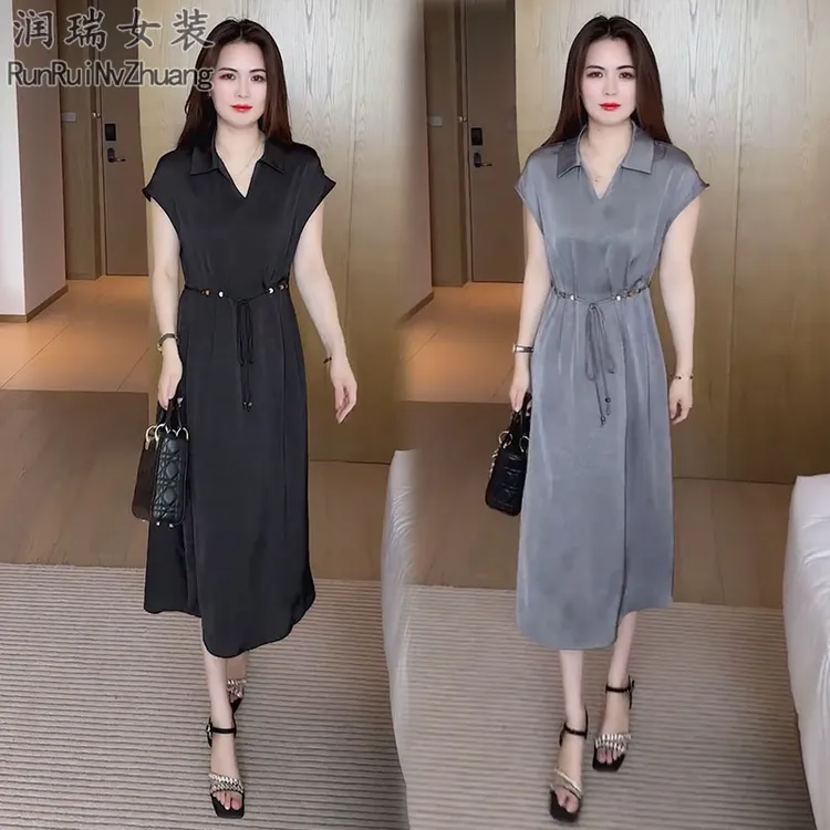 夏季赫本风短袖连衣裙2025新款轻熟风宽松休闲收腰洋气妈妈装长裙