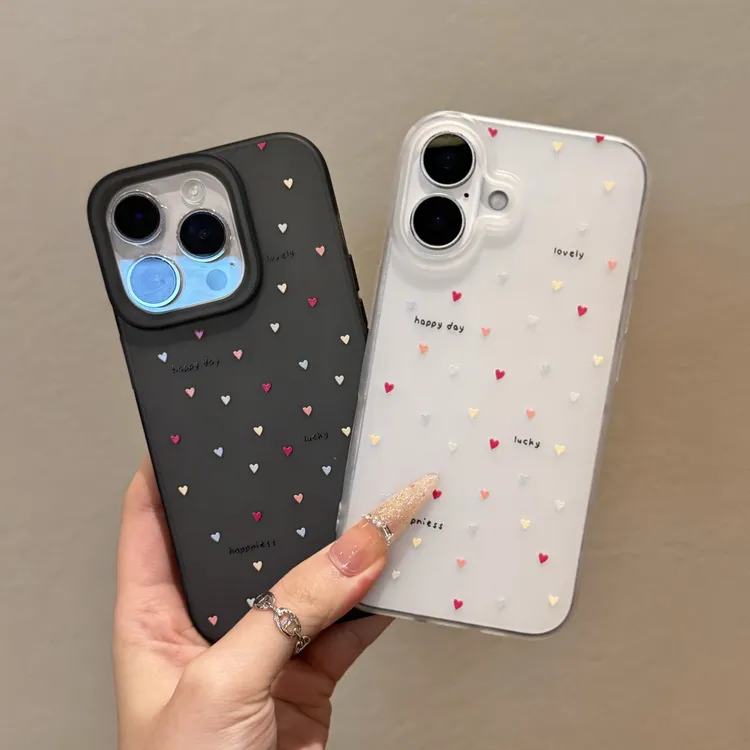 满屏彩色爱心适用苹果16PROMAX手机壳iPhone15大孔14磨砂13高级感