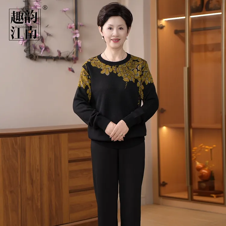 趣韵江南奶奶装黑色金线树叶毛衣中老年圆领长袖针织衫减龄上衣