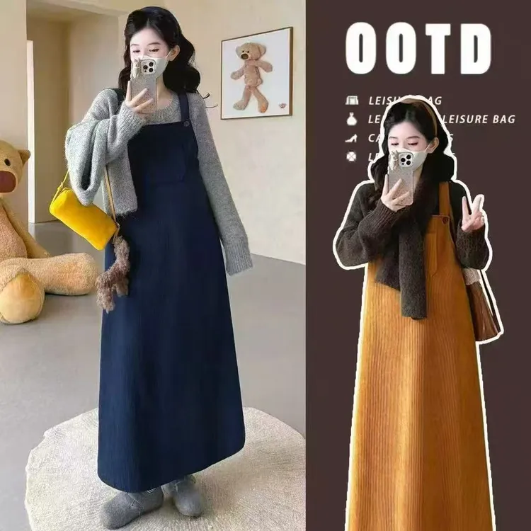 2025气质百搭显瘦洋气撞色温柔叠穿大码上衣+背带裙套装459635