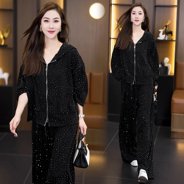 欧货时尚垂感休闲套装女2025春季烫钻连帽卫衣高腰阔腿长裤两件套