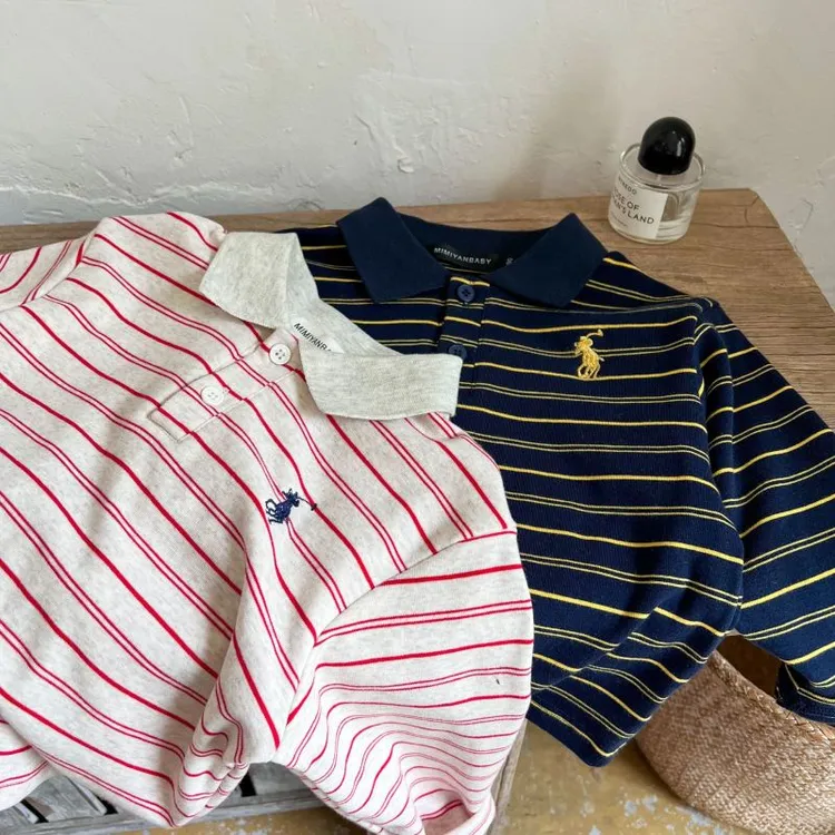儿童POLO衫2025春夏新品男女童条纹刺绣卫衣宝宝韩百搭长袖翻领T