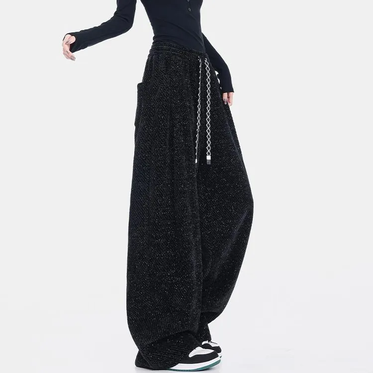 KEN STUDIO秋冬加绒黑色满天星垂感抽绳休闲裤女宽松显瘦阔腿裤子