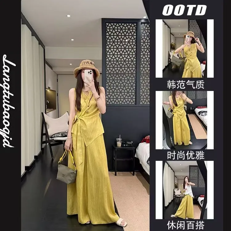 韩系新款时尚高级感25夏简弛主义定染迷雾黄收腰上衣阔腿裤套装