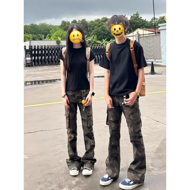 cleanfit迷彩牛仔裤男美式高街痞帅薄款夏季裤子多口袋微喇工装裤