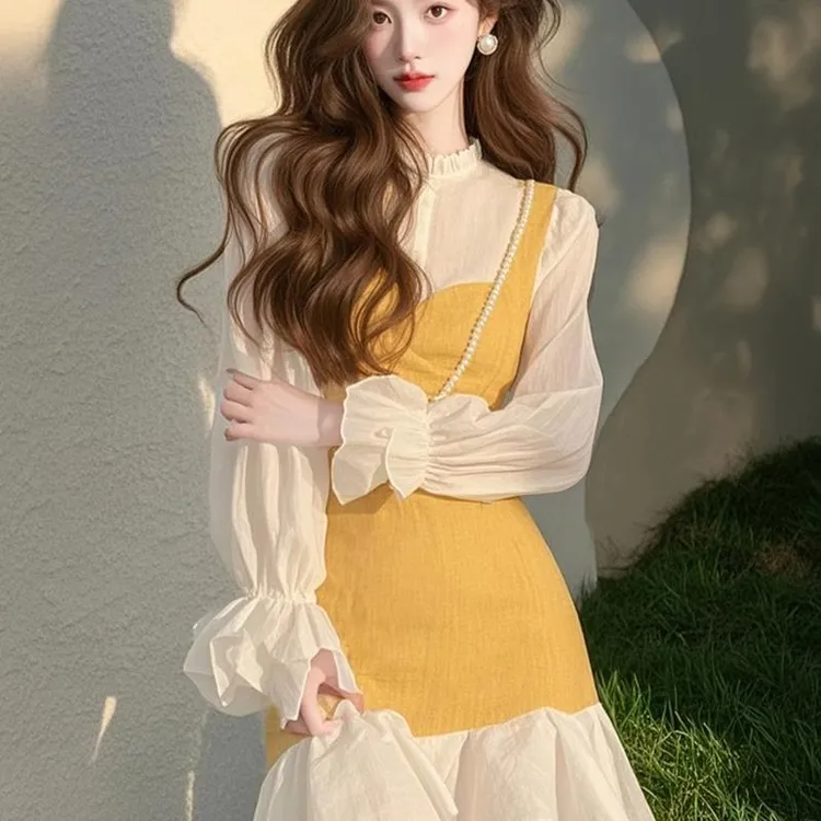 法式黄色假两件连衣裙女2025春季新款高级感气质减龄掐腰显瘦裙子