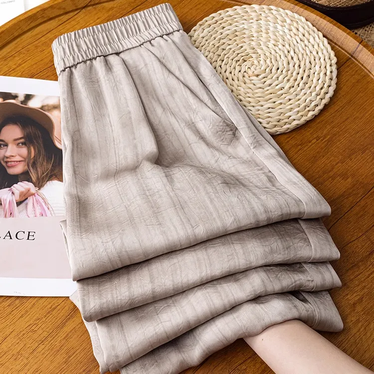 拉夏贝尔醋酸阔腿裤女夏季2025年高腰全松紧垂感小个子宽松山本裤