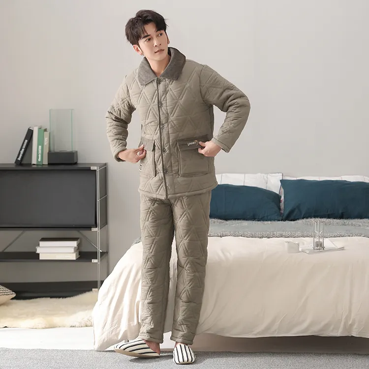 睡衣男士冬季珊瑚绒三层加厚加绒梭织夹棉袄秋冬款棉服纯棉家居服