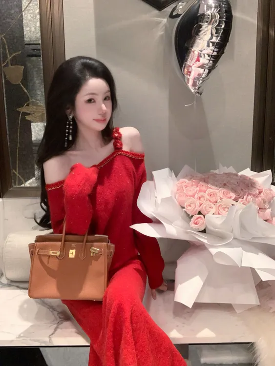 【雅乔定制】樱桃甜酒 红色羊毛针织套装女时尚两件套DYZY-25127901
