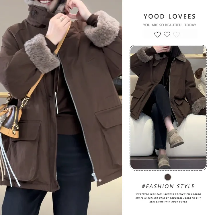 2025秋冬新款韩系时尚毛毛拼接翻领外套洋气宽松显瘦加棉保暖棉衣