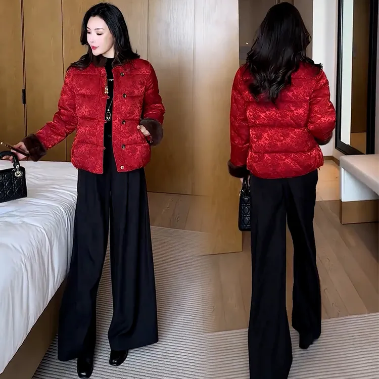 新中式国风提花毛领棉服女2025冬季新款洋气加厚保暖盘扣棉袄外套