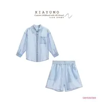 夏羽墨女童夏季上新蓝色肌理长袖衬衫短裤套装时尚小众休闲套装