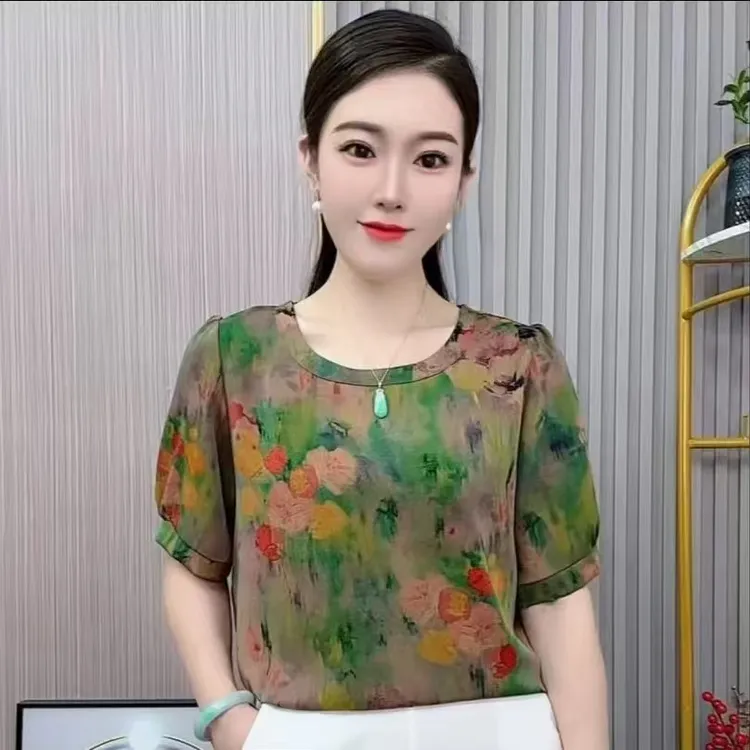 【反季清仓】碎花中老年女装休闲时尚盘扣百搭薄款花色圆领衬衫