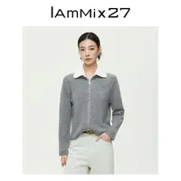 Iammix27花边领针织开衫女百搭绵羊毛混纺双拉链毛衣外套Z5C5007