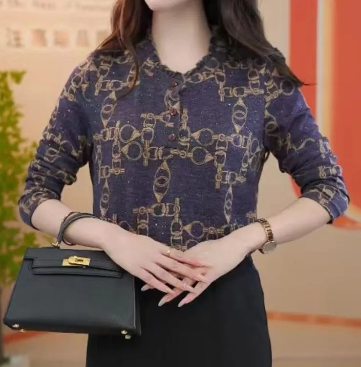 秋天高档外穿薄款弹力印花针织衬衫长袖中年妈妈大码时尚打底上衣