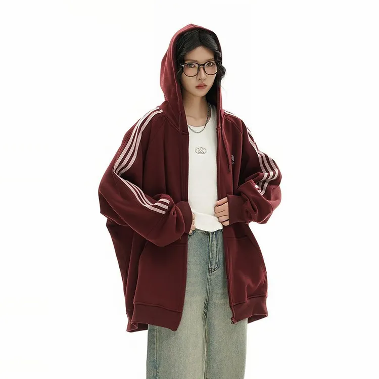 酒红色侧边三条杠连帽运动衫女春秋宽松情侣装重磅美式开衫外套