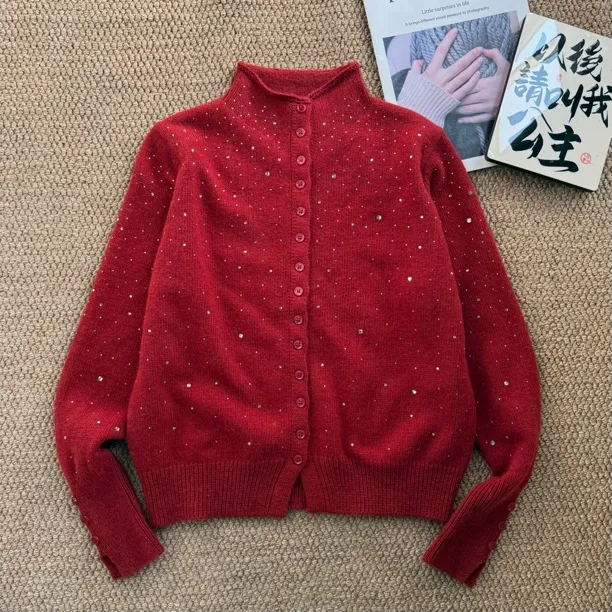 ［春春定制］新款韩版百搭修身显瘦时尚半高领重工烫钻针织开衫7218